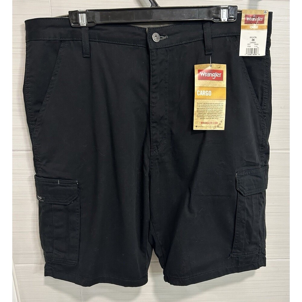 New Wrangler Black Cargo Utility Shorts Men 36, 9" IS Relaxed Hiking Camp Chore